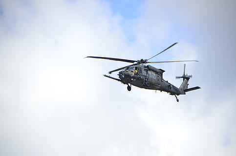 black helicopter on sky, flight, flying, aircraft, transportation HD wallpaper