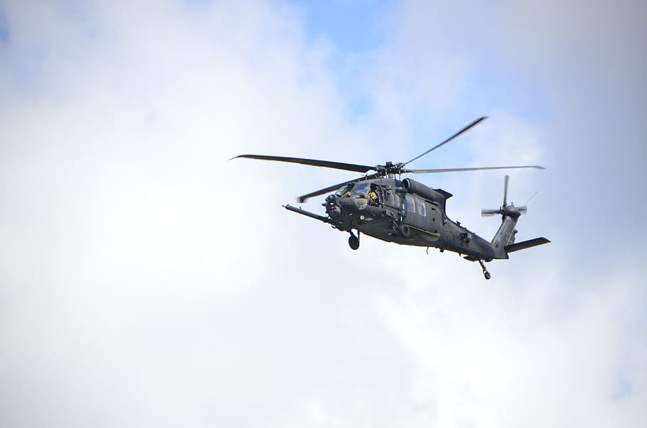 black helicopter on sky, flight, flying, aircraft, transportation