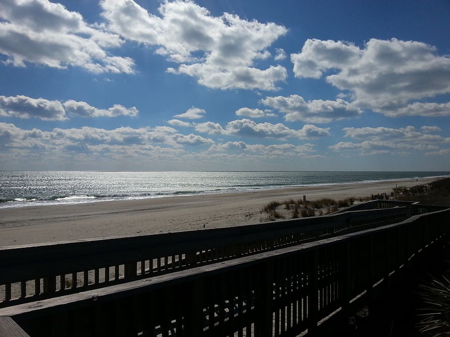 beach, shore, ocean, coast, boardwalk, clouds, sky, sea, cloud - sky HD wallpaper