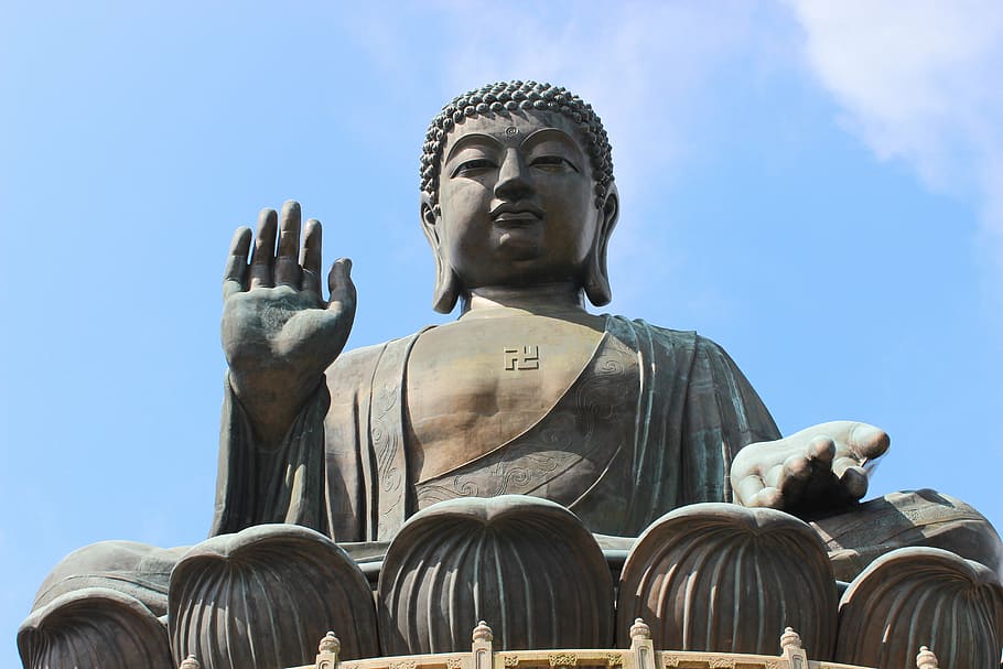 gray Buddha statue, tian tan buddha, bronze, hong kong, human representation, HD wallpaper