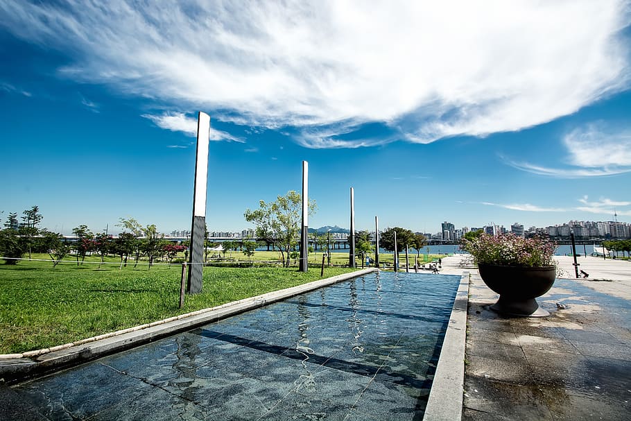 body of water under white clouds, seoul, yeoido, sky, korea HD wallpaper