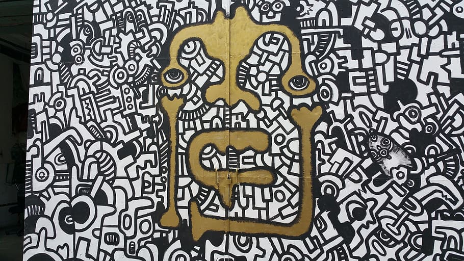 art, graffiti, face, wall, pattern, abstract, black and white HD wallpaper