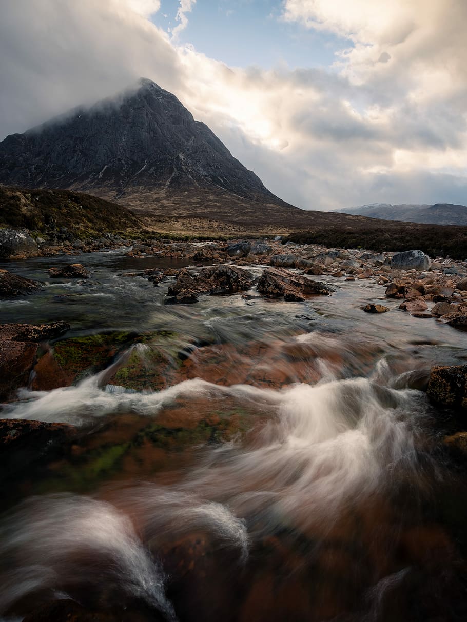 The Buachaille, photography of timelaps of running water near mountain HD wallpaper