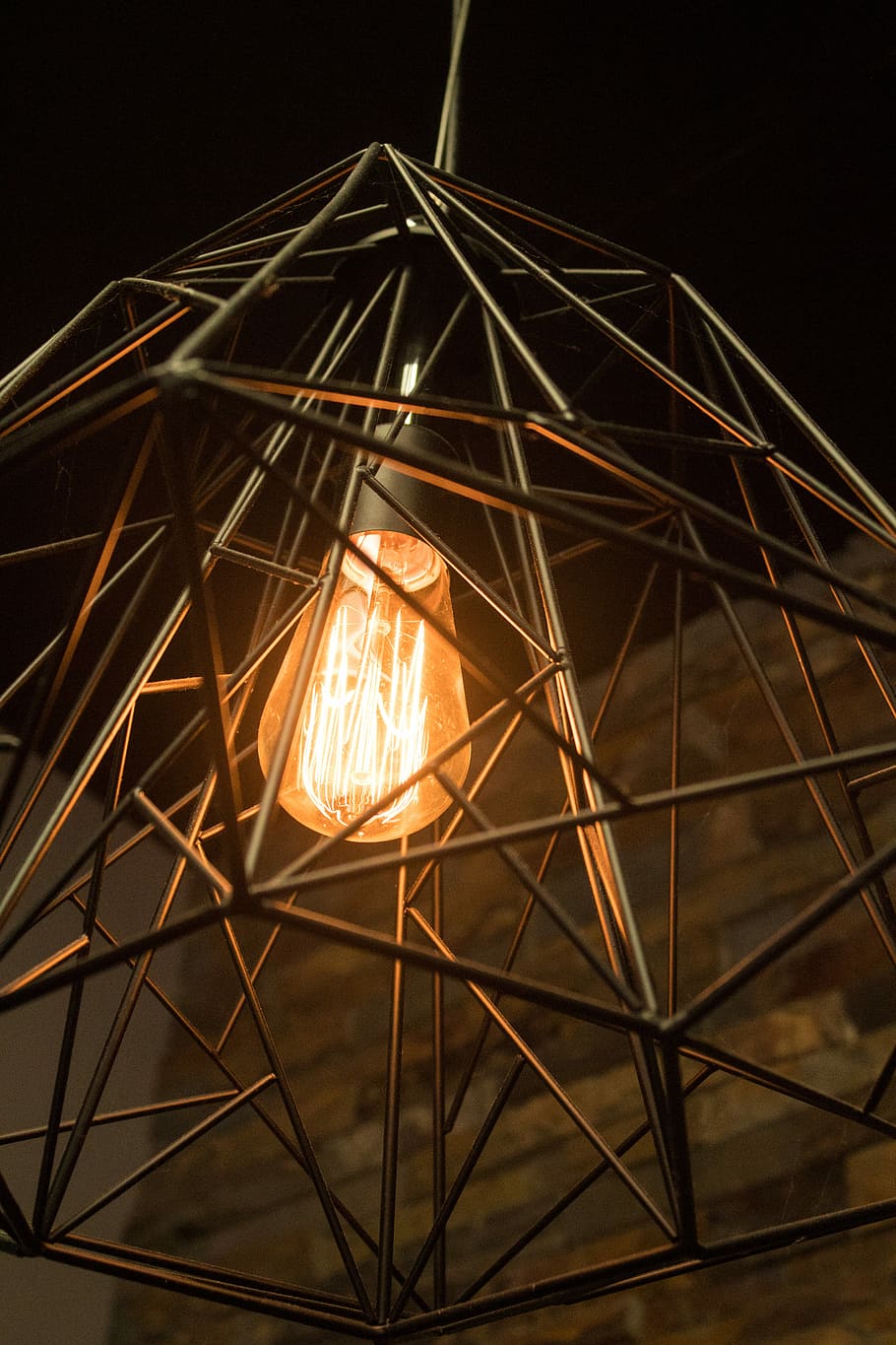 yellow and silver pendant lamp, caged, lightbulb, illuminated HD wallpaper