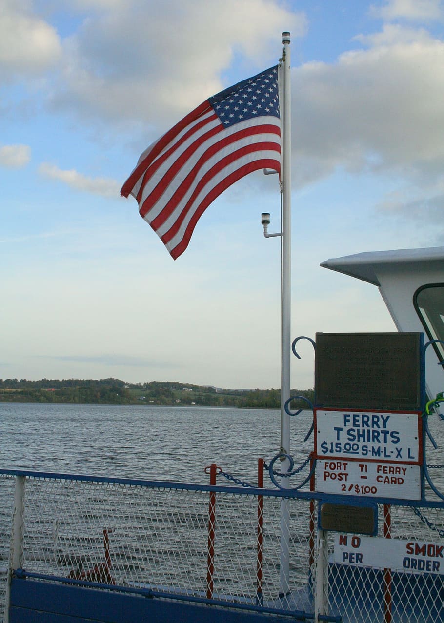 ferry, boat, american flag, lake, river, travel, transport