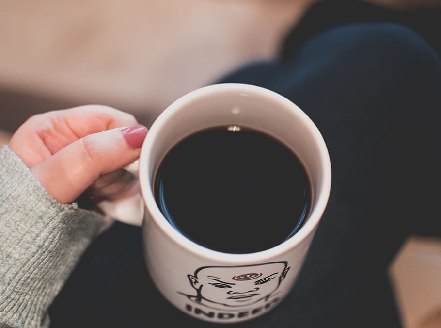 Black Beverage in White and Black Ceramic Mug, black coffee, breakfast HD wallpaper