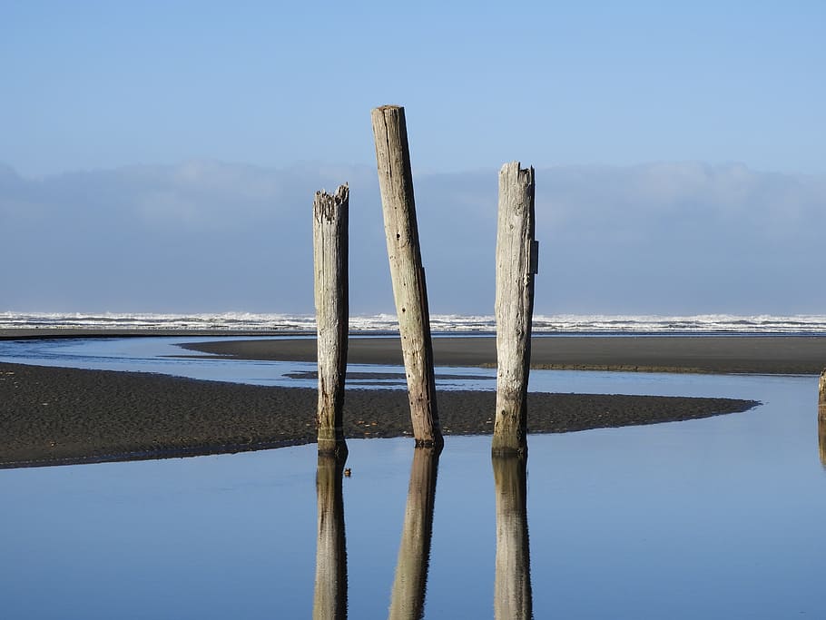beach, sea, piling, sky, coast, seascape, surf, ocean, outdoor HD wallpaper