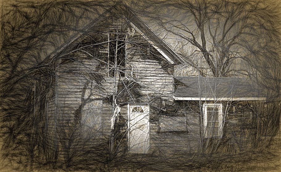 brown house painting, haunted, haunted house, halloween, scary