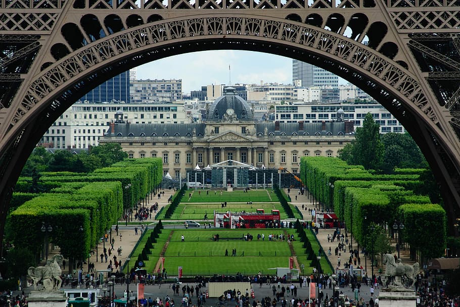 several people gathering under Eiffel Tower, France, Paris, champs de mars