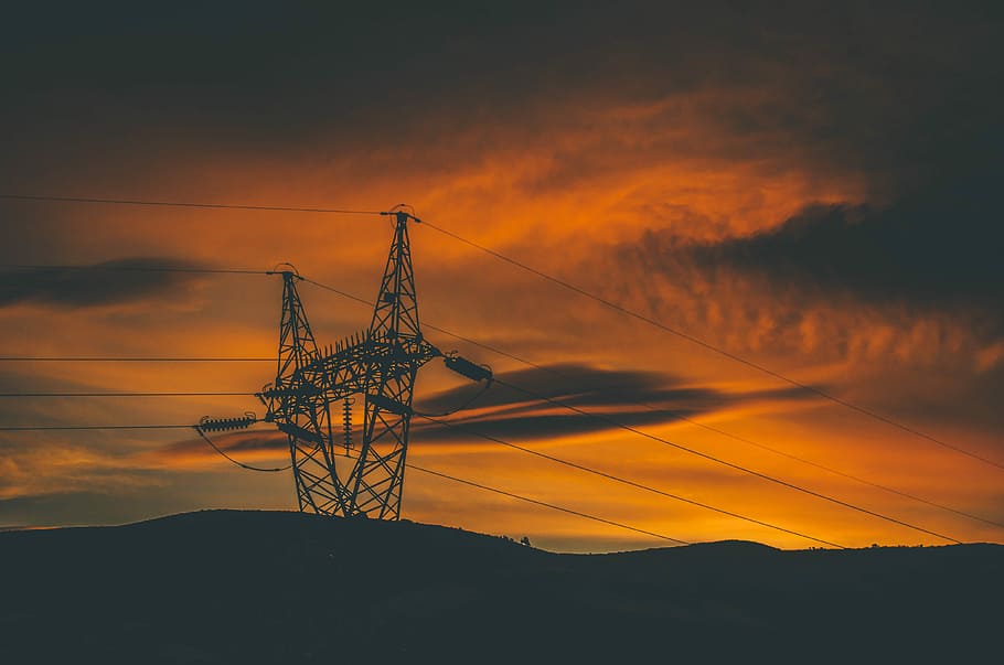 silhouette photo of tower during golden hour, gray electrical tower during sunset HD wallpaper