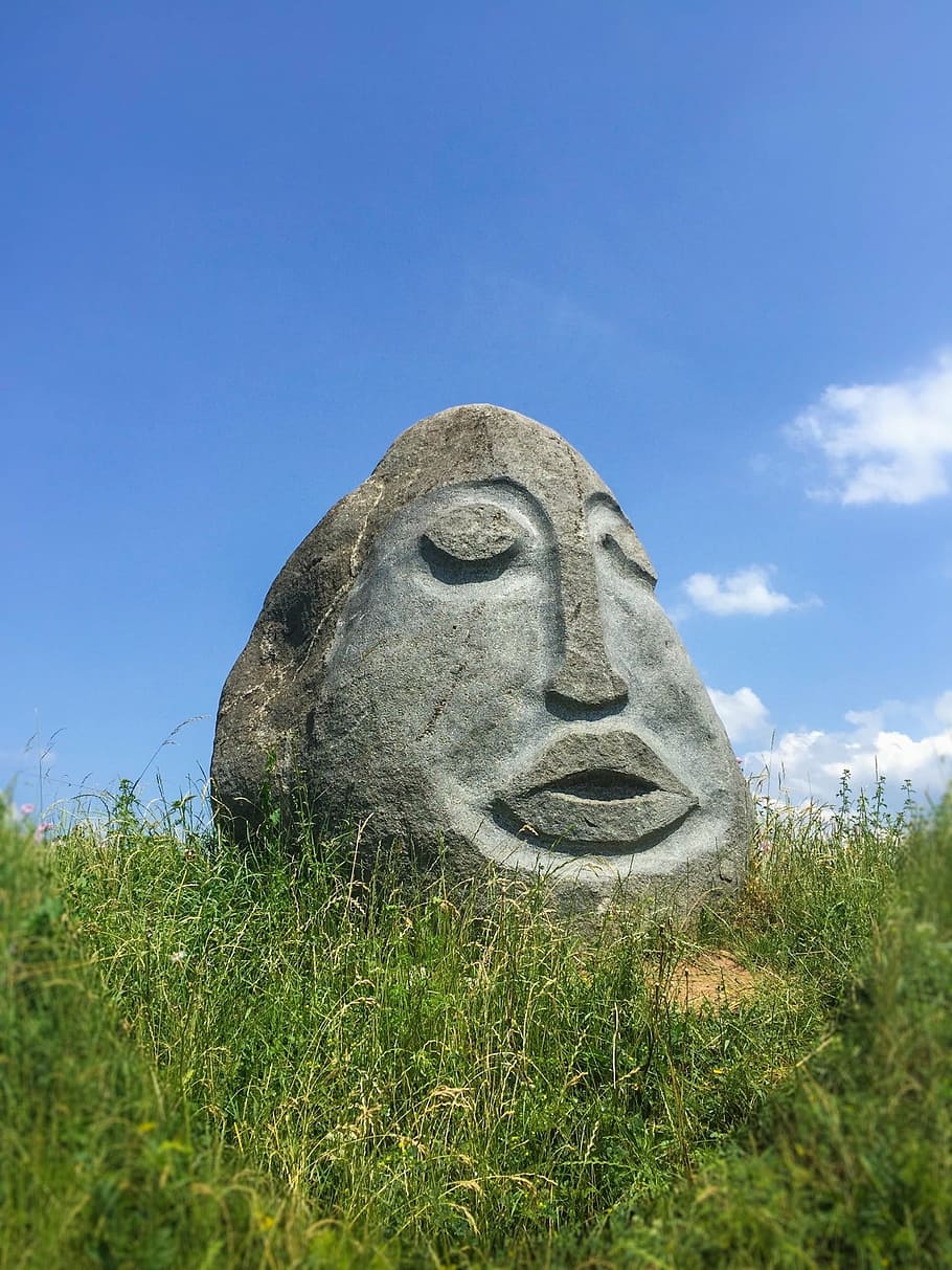 stone, face, blue, sky, nature, sculpture, stone figure, artwork HD wallpaper
