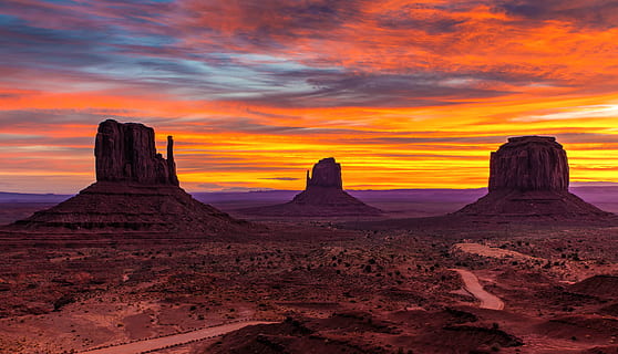 silhouette of hills at golden hour, desert photo, New Day, Heaven HD wallpaper