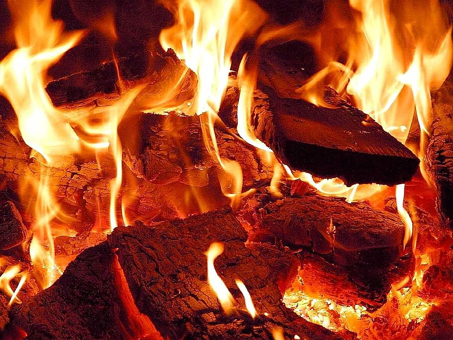 wood is on fire, embers, hot, red, yellow, brand, flame, burn HD wallpaper