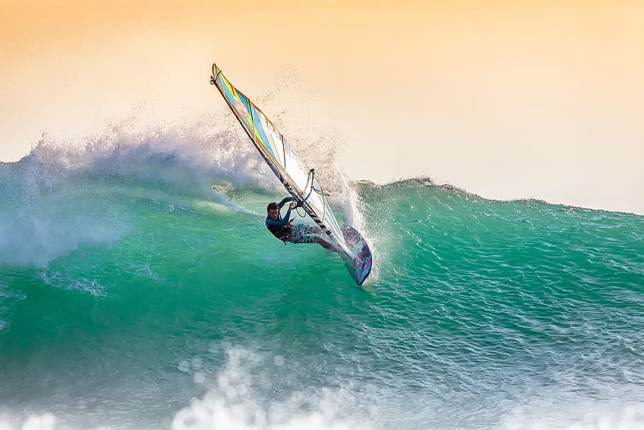 person doing windsurf during daytime, windsurfing, big waves, HD wallpaper