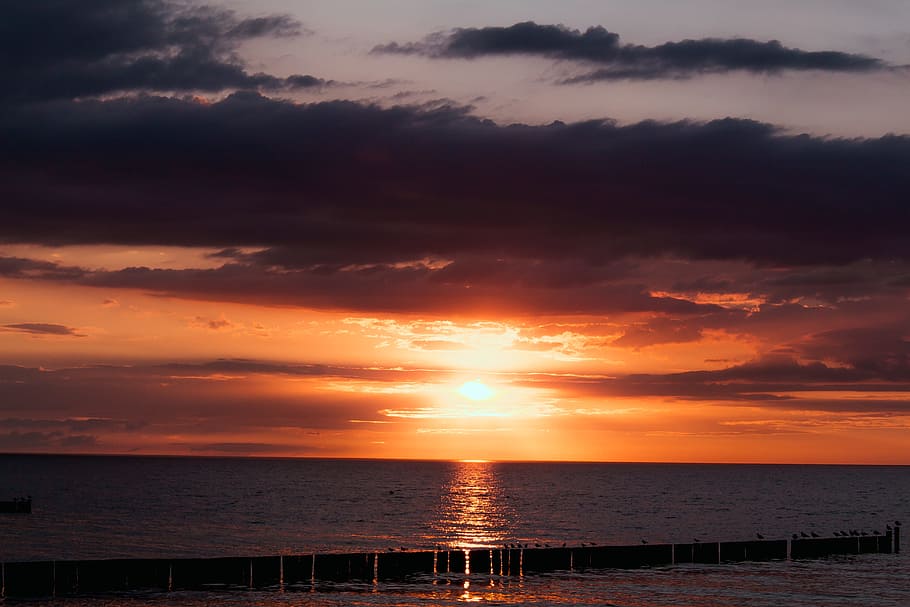 sunset, sea, sunset sea, abendstimmung, clouds, water, afterglow HD wallpaper