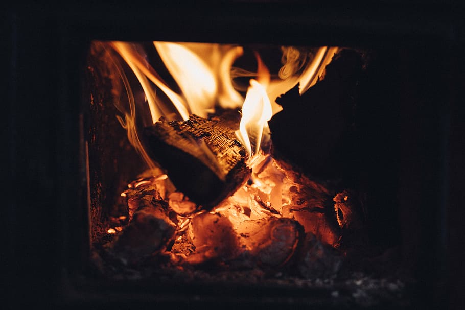 close-up photo of brown firewood with fire, old, stove, flame HD wallpaper