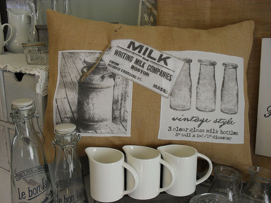 dairy, milk, decor, jug, burlap, decoration, white, still life HD wallpaper