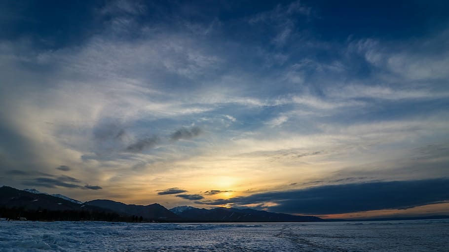 sea under clouds, sunset, lake, water, nature, russia, sky HD wallpaper