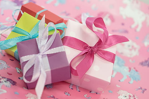 four assorted-color gift boxes on surface, Package, Loop, Packet HD wallpaper