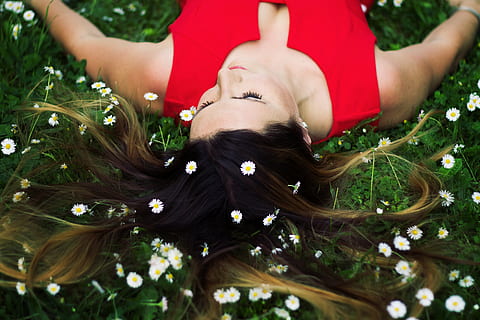 woman in red sleeveless top lying on green leaf plants, model HD wallpaper