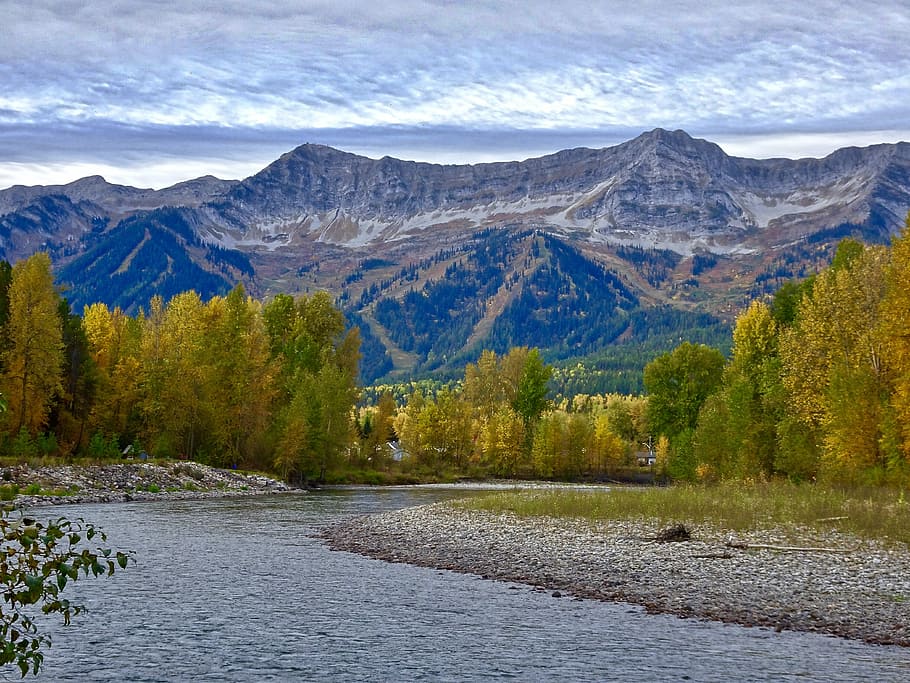 autumn, mountains, forest, river, biking, rockies, canada, landscape HD wallpaper