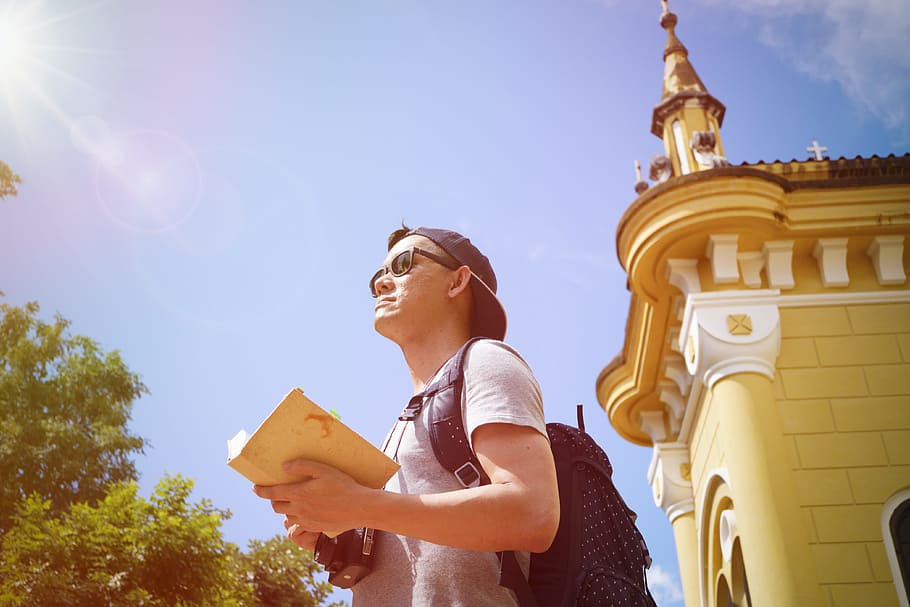 sky, man, person, sunglasses, architecture, backpack, backpacker HD wallpaper
