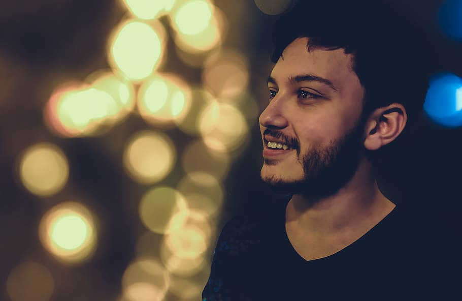 man, person, lights, model, beard, blur, bokeh, boy, close-up HD wallpaper
