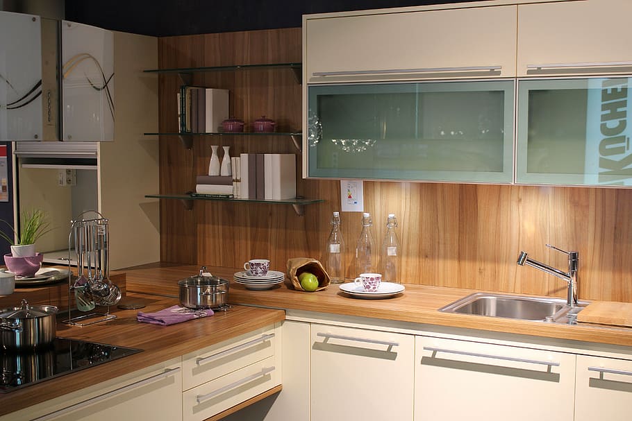 kitchenwares on top of wooden cabinet, decoration, kitchen equipment
