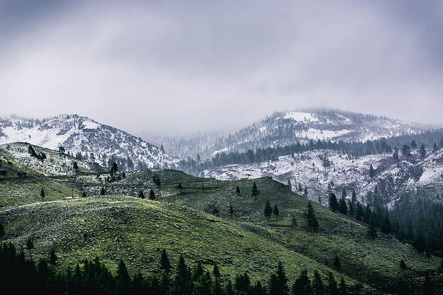 Green Mountain Covered by Snow, adventure, clouds, cold, daylight HD wallpaper