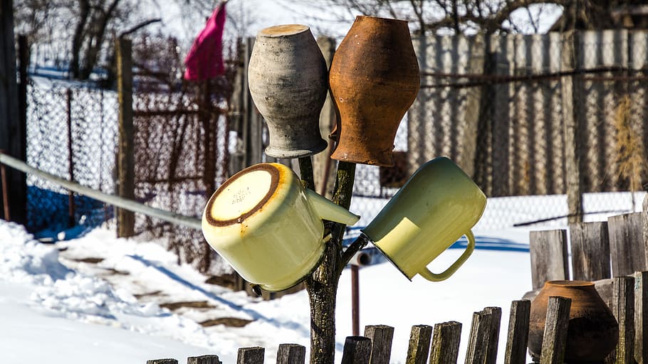 pot, vase, teapot, garden, fence, snow, exclusion zone, winter, HD wallpaper