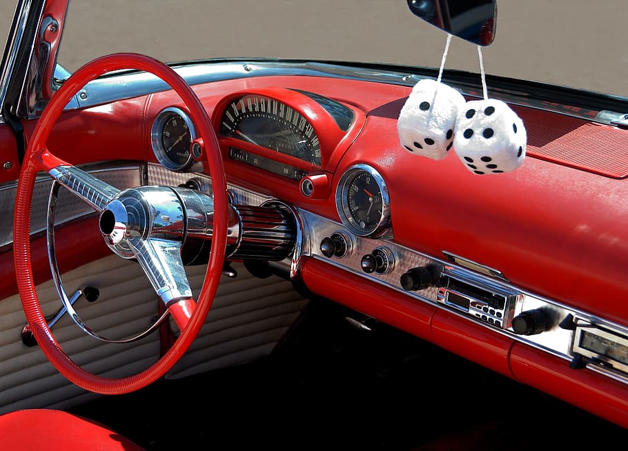 red and chrome-colored vehicle interior, classic car, design HD wallpaper