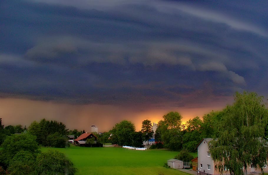 Rain, Storm, Sunset, storm clouds, evening sky, afterglow, atmospheric HD wallpaper