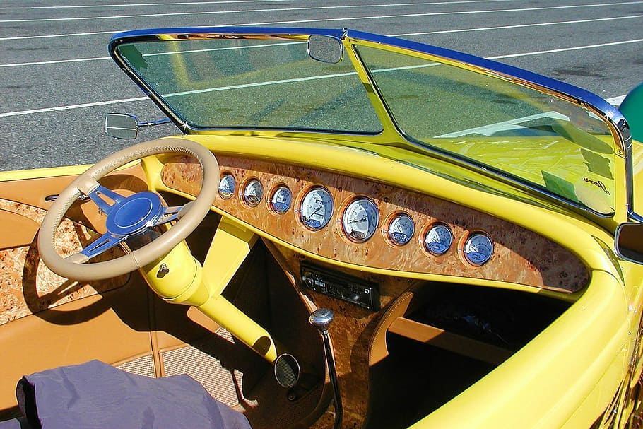 Oldtimer, Car, Yellow, Dashboard, automobile, vehicle, transportation HD wallpaper
