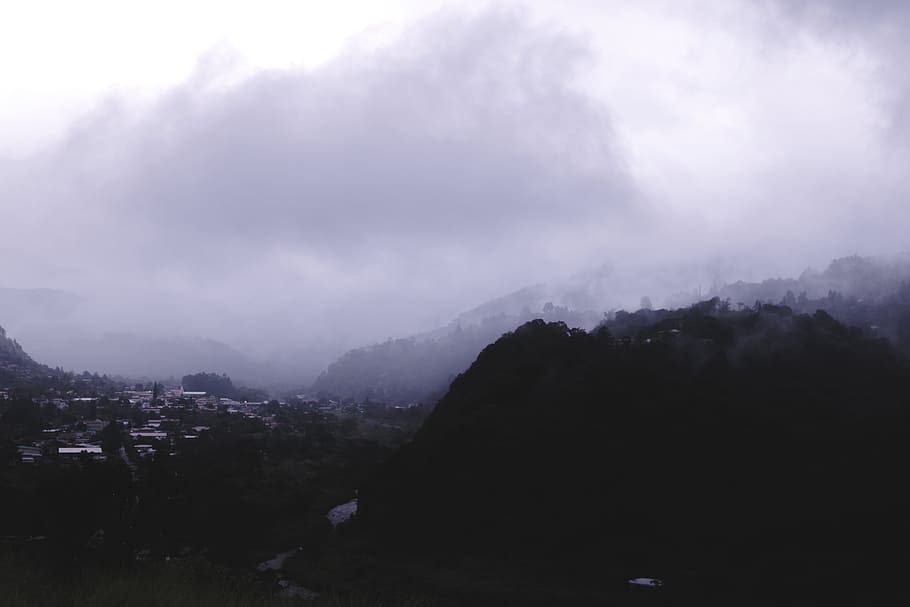 dark, mountain, trees, plant, sky, clouds, houses, path, fog HD wallpaper