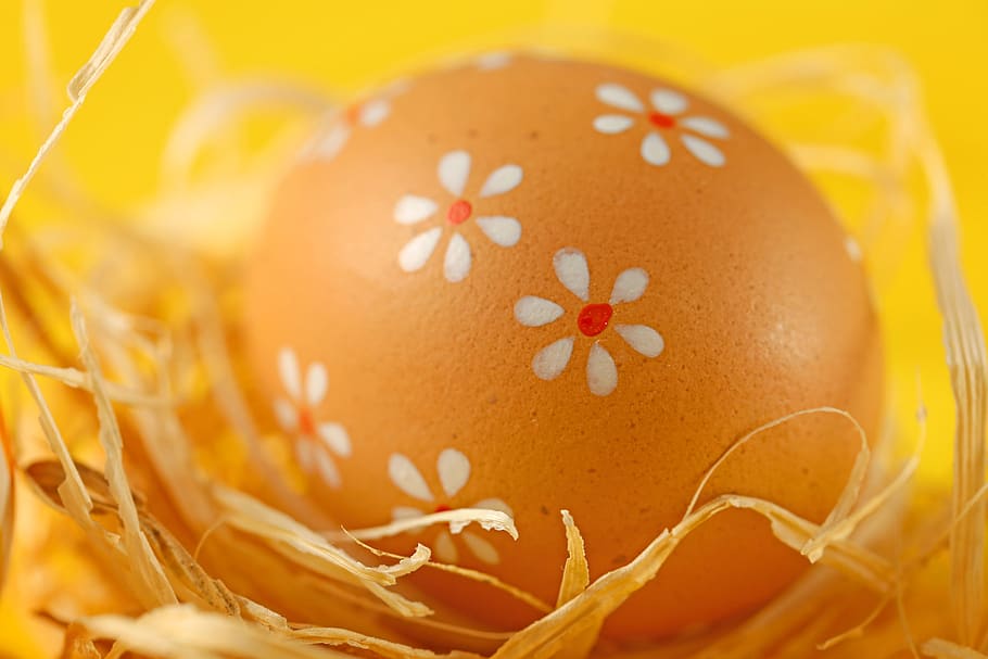 egg, easter, yellow, brown, print, flower, straw, decoration HD wallpaper