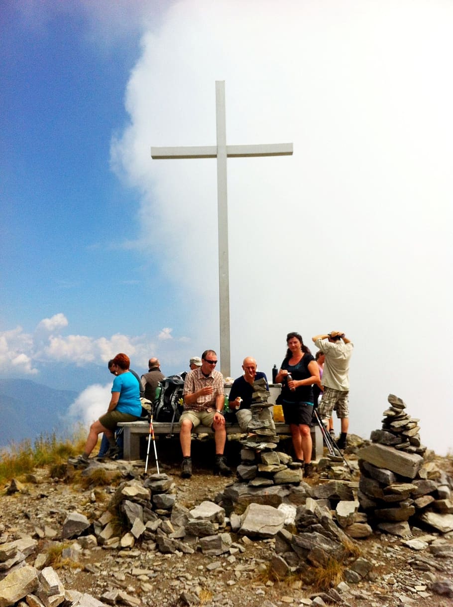 Online crop | HD wallpaper: cross, mountain, hike, sky, group of people ...