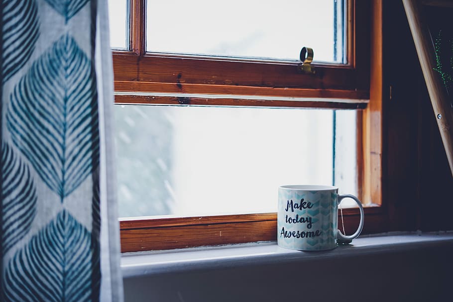white ceramic in front windows, white and blue ceramic mug beside window HD wallpaper