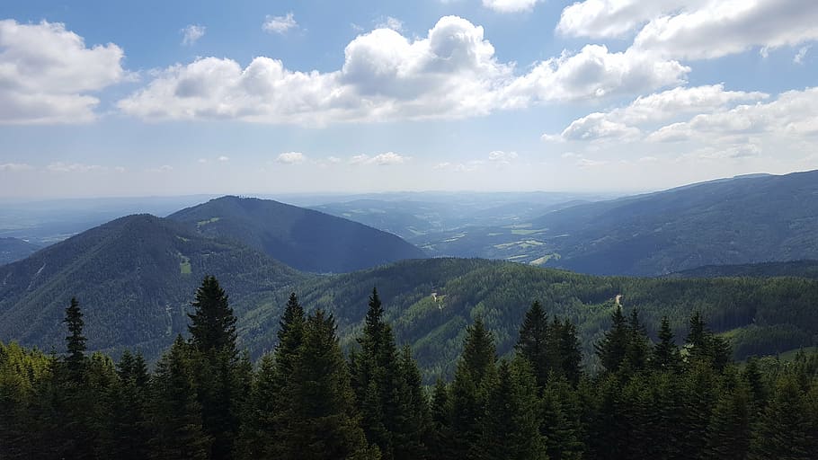 mountain, forest, landscape, panorama, sky, valley, vision HD wallpaper