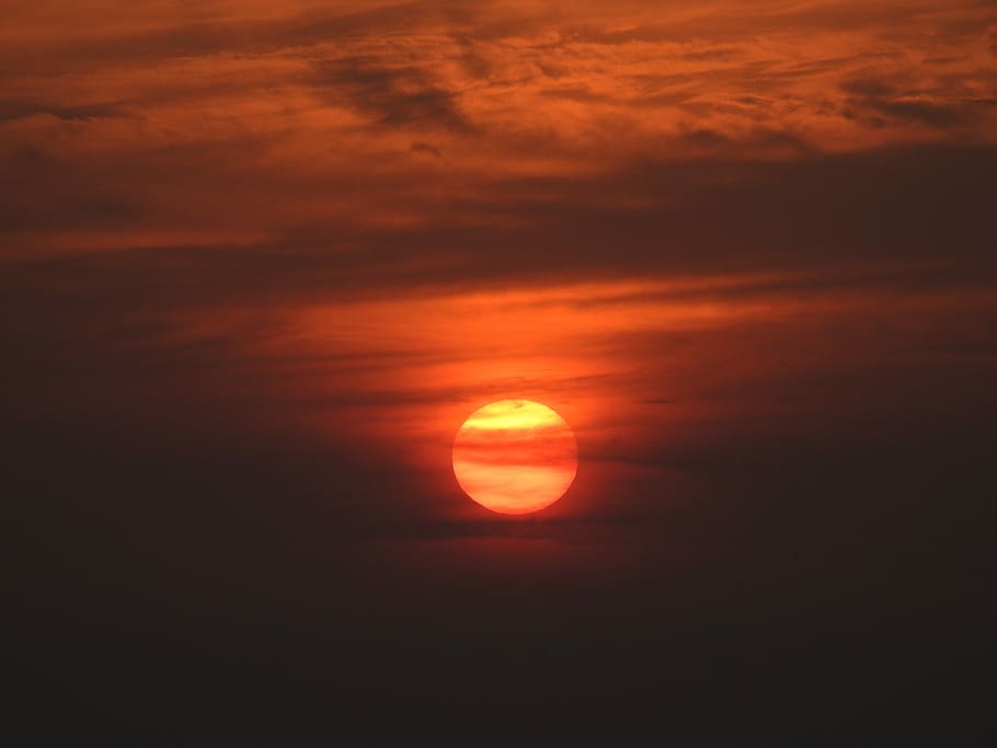 HD wallpaper: A Fiery Sunset, silhouette photo of moon, sunrise, orange ...