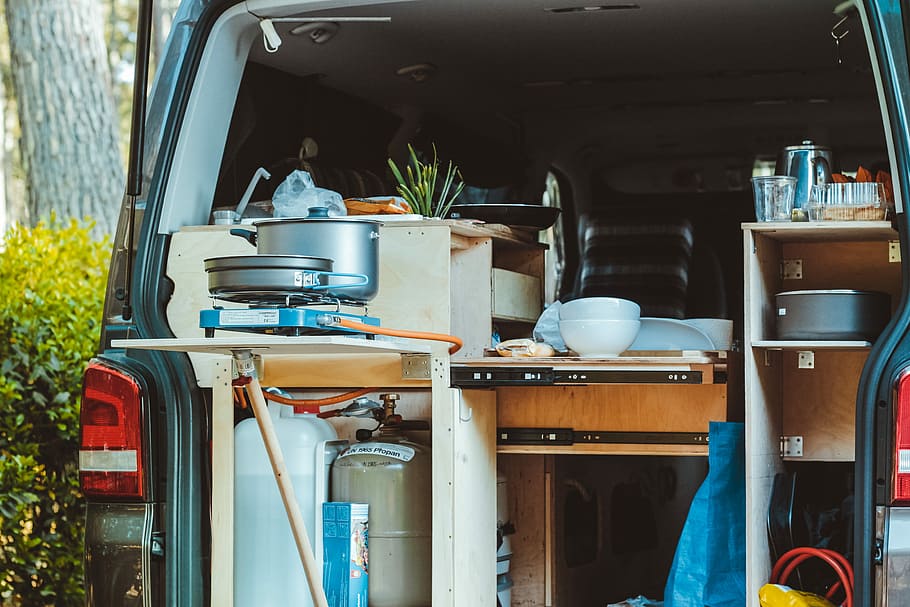 RV trailer, tent, wood, forest, tree, outdoorkitchen, camperlife HD wallpaper