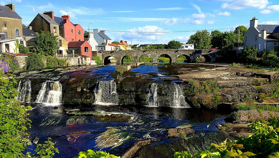 bridge, water, waterfall, attraction, construction, architecture HD wallpaper