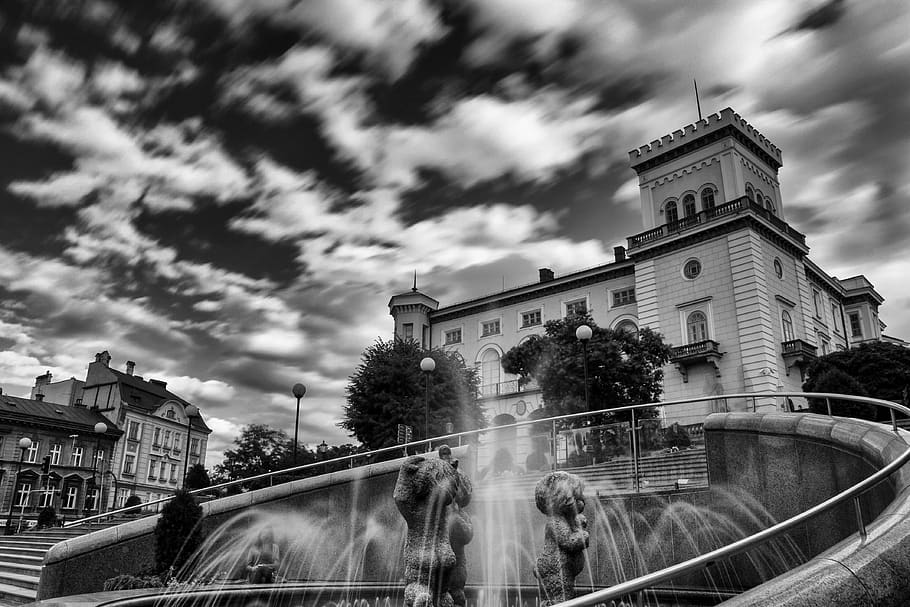 architecture, building, structure, clouds, sky, black and white HD wallpaper