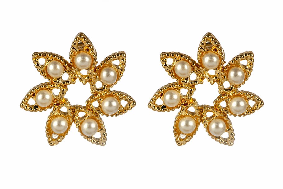 pair of gold-colored earrings with white pearls, ornaments, female