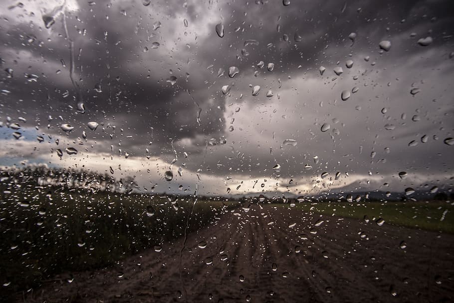 photo of glass with water droplets, window, raindrops, clouds HD wallpaper