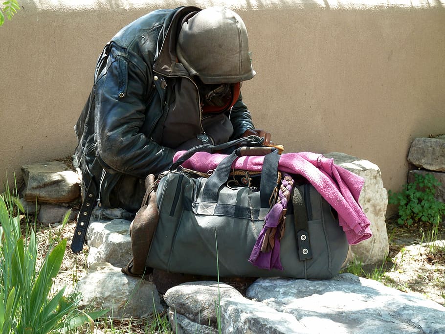 gray duffel bag, homeless, man, person, tramp, homelessness, poverty