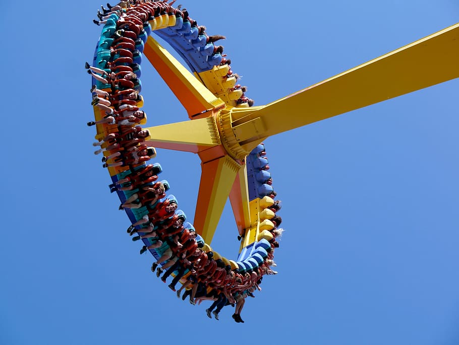 people riding heavy fun mechanical machine, blue, sky, clear sky HD wallpaper