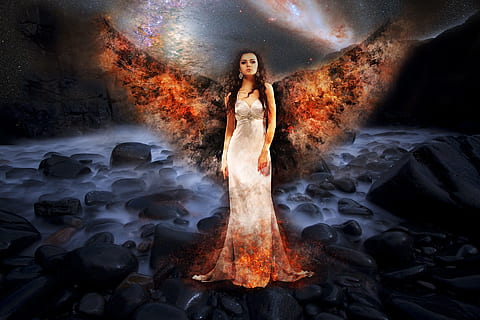 woman wearing white dress with brown wings digital wallpaper HD wallpaper