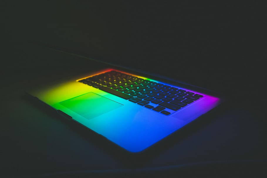 MacBook Pro, turned off black laptop computer, lights, rainbow