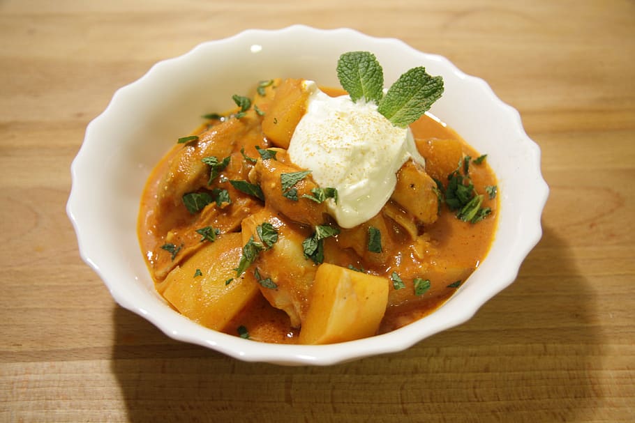 meat curry with yoghurt, indian, chicken, cream of tomato, potato, HD wallpaper