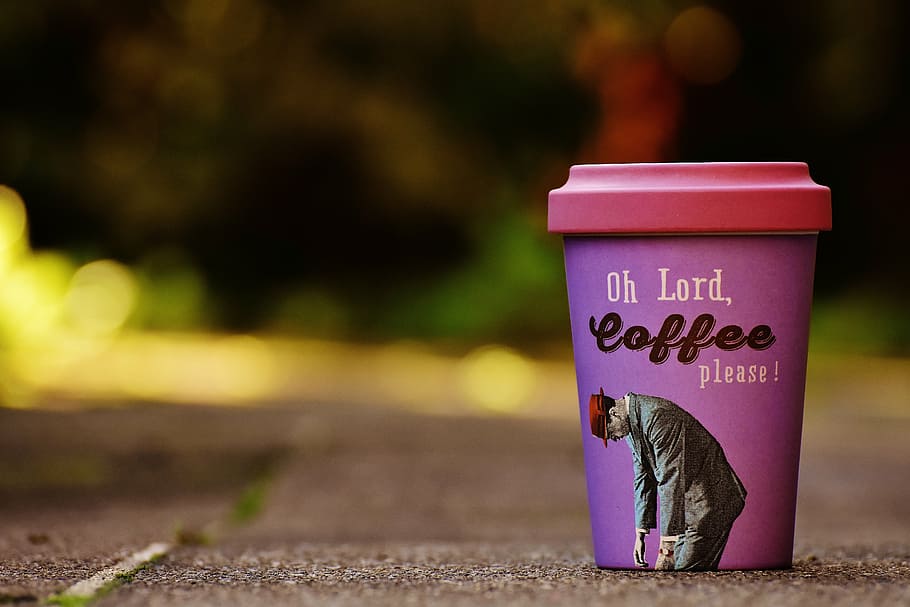 Oh Lord coffee please print cup on road, coffee mugs, coffee to go